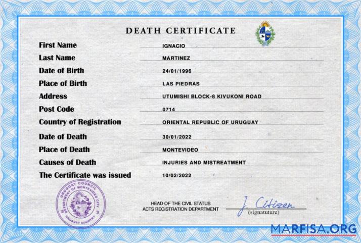 Blank Uruguay death certificate example